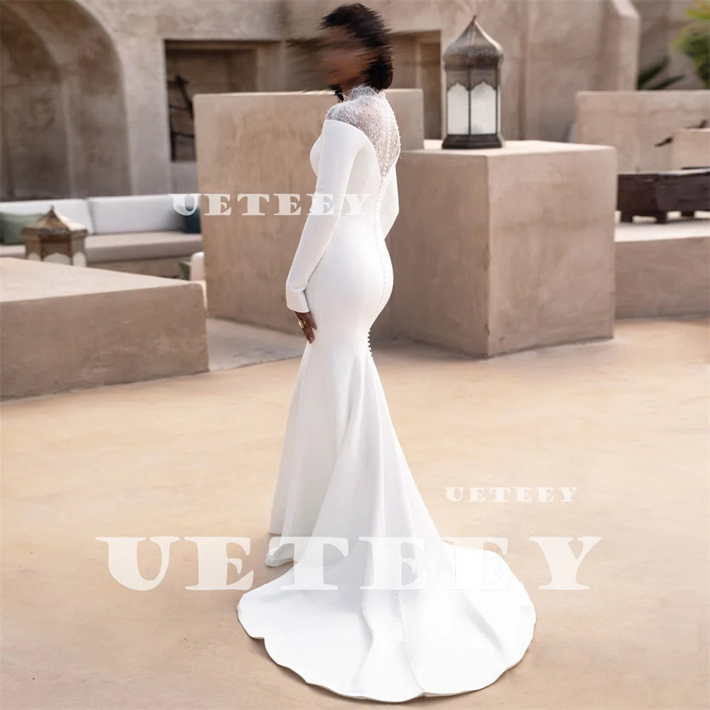 UETEEY Customized Illusion High Neck Lace Crepe Mermaid Wedding Dress Long Sleeves Zipper Back vestidos de novia Bridal Gown