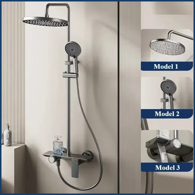 

Bathroom Three-function Knobbed Shower Set Space Aluminum Wall Mounted Rainlfall Pressurized Hot Cold Shower Faucet System