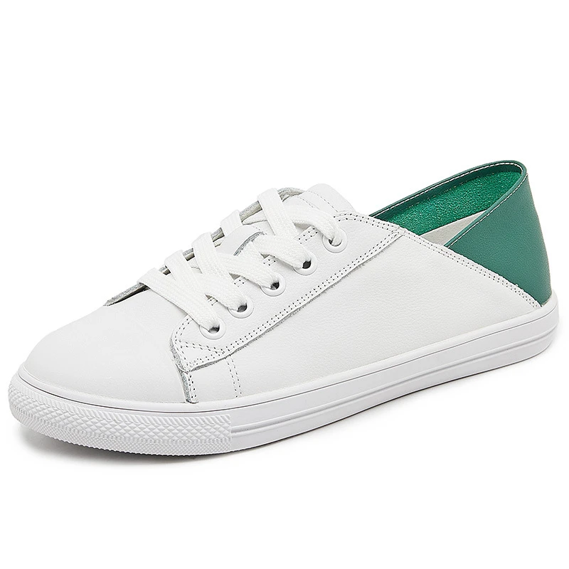 Two Ways Wear Contrast Green Heel Genuine Leather White Sneakers For Women 2026 Summer New Fold Down Collapsible Heel Lace Up - view 6