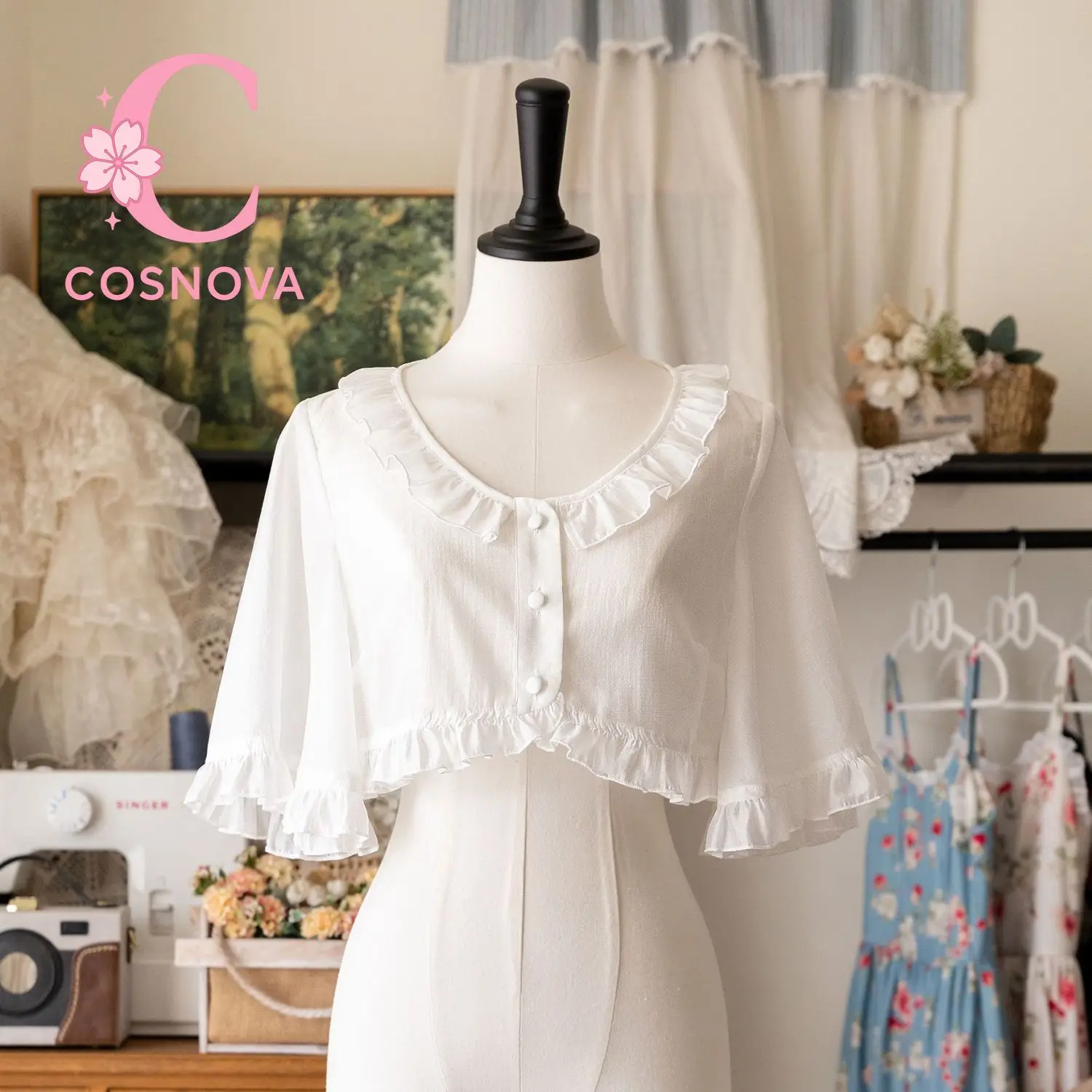 

Винтажный кардиган-накидка в стиле Лолита с рюшами, белый, с рукавами-бабочками, укороченная блузка-шаль, летняя многослойная верхняя одежда в стиле Хань, топ