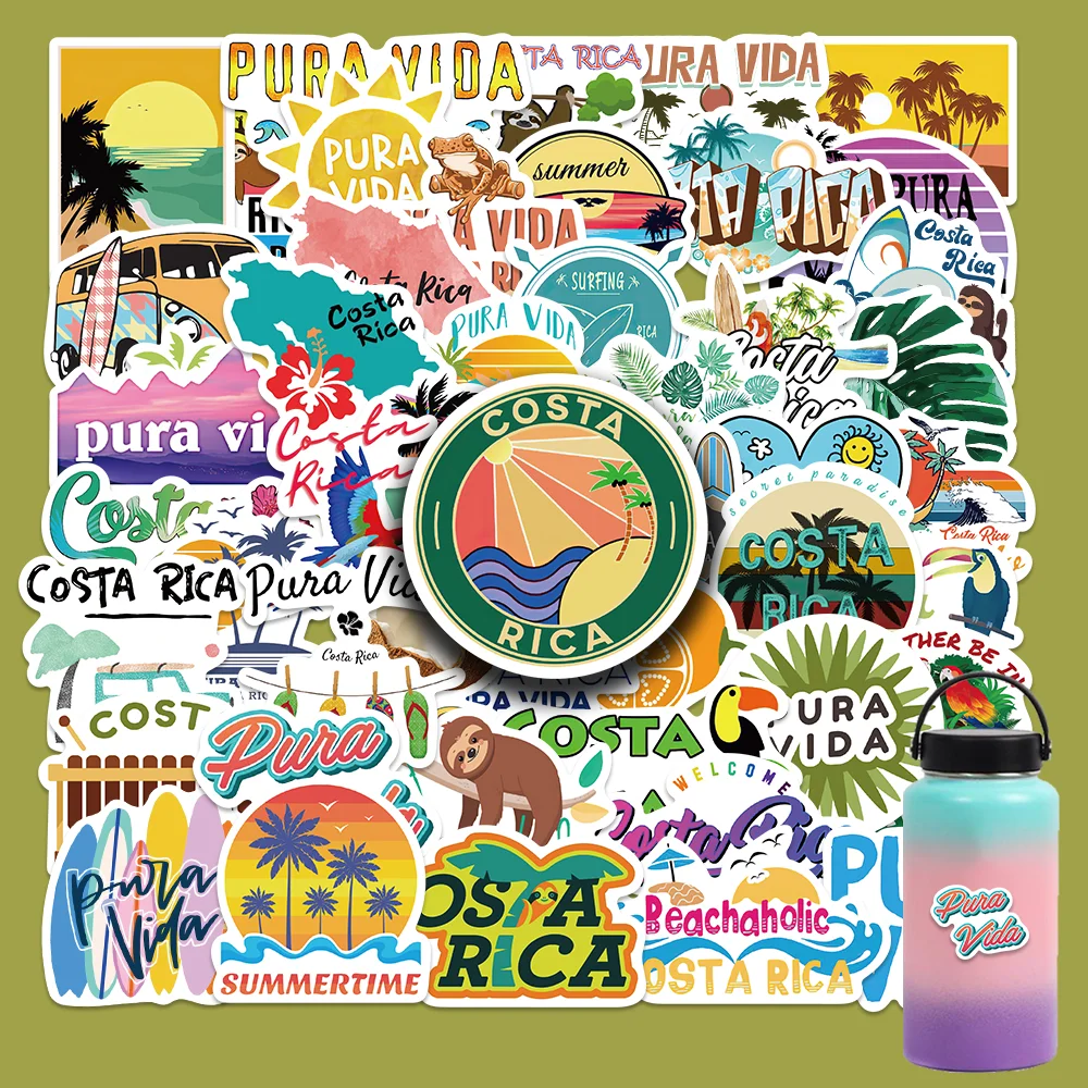 50PCS Costa Rica Travel City Landscape Pura Vida Stickers Decals for Water Bottle Laptop Skateboard Scrapbook Luggage Kids Toy