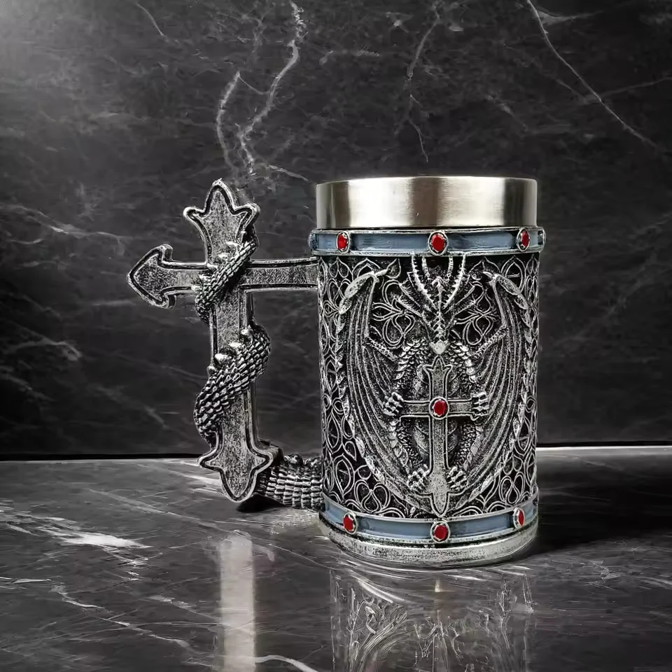 

Фэнтезийная кружка из нержавеющей стали с крестом дракона, готическая эстетика с ручкой в виде змеи, отлично подходит для косплея, подарков, темных фэнтезийных фанатов