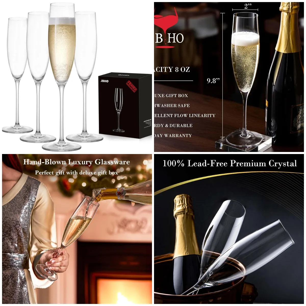 

Elegant Hand-Blown Champagne Flutes, 100% Lead-Free Crystal, Set of 4, 8oz, Clear - Perfect Gift for Wedding, Anniversary, Chris