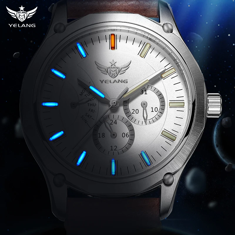 Yelang V1027 Деловой отдых Тип ремня Кварцевые часы Шестиконтактный механизм Flyback с двойным календарем 41 мм 10 бар Профессиональный водонепроницаемый