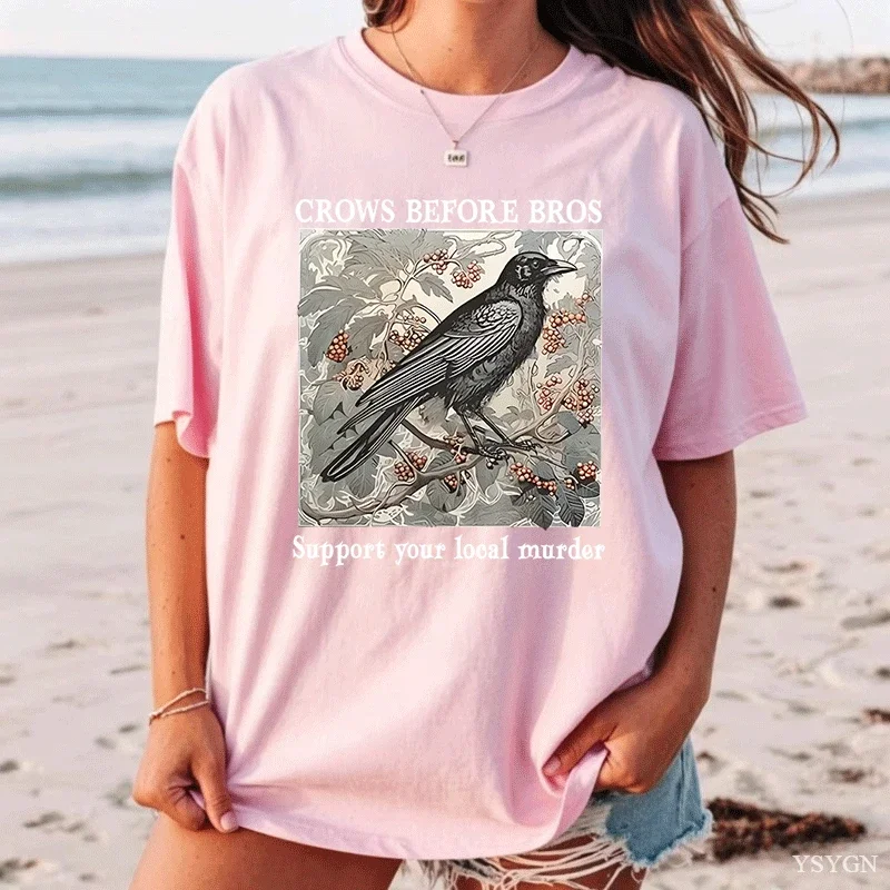 Funny Crows Before Bros Retro T Shirt Women Men Halloween T-shirt Casual Cotton Crewneck Short Sleeve Tee Dark Academia Clothing