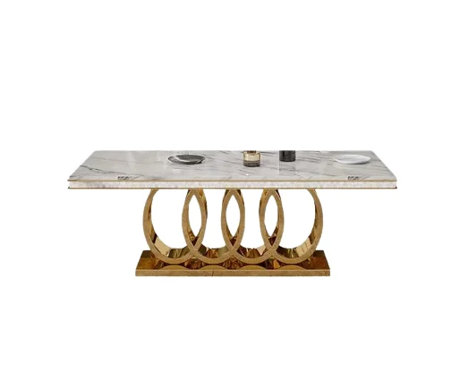

Post-Modern Marble Top-Grade Dining Table And Chairs Combination Stainless Steel Top Crown Apartment Golden Carved Furniture