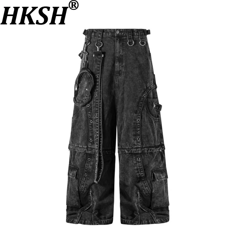 

HKSH Американские тяжелые джинсы с карманами High Street, мужские съемные ретро-металлические кольца, украшенные широкими штанинами, джинсовые брюки в стиле сафари HK11867