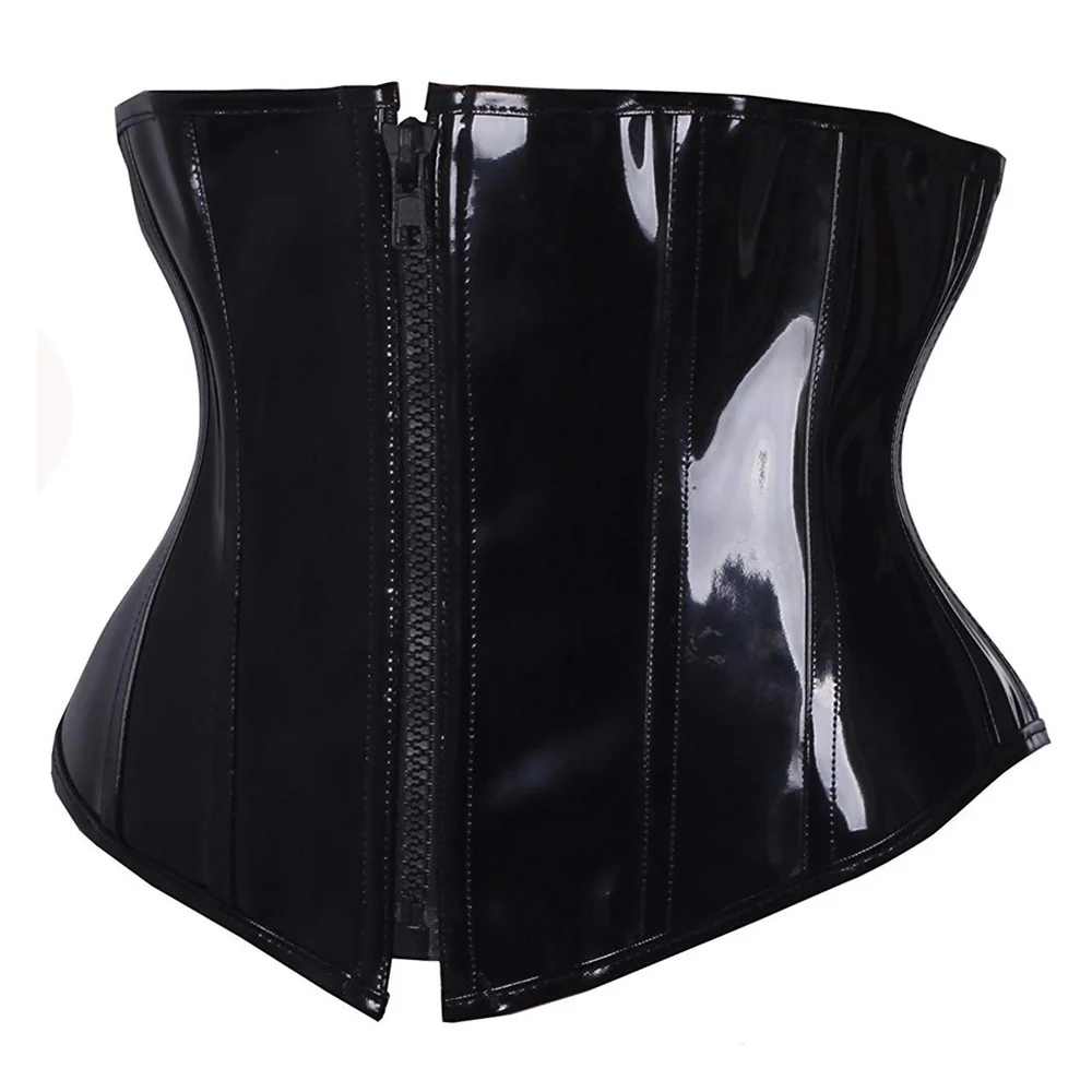 Black Sexy Short PVC Leather Waist Clip Shapewear Waist Trainer Underbust Corset Front Zipper Lingerie Body Shaper Corselet Top