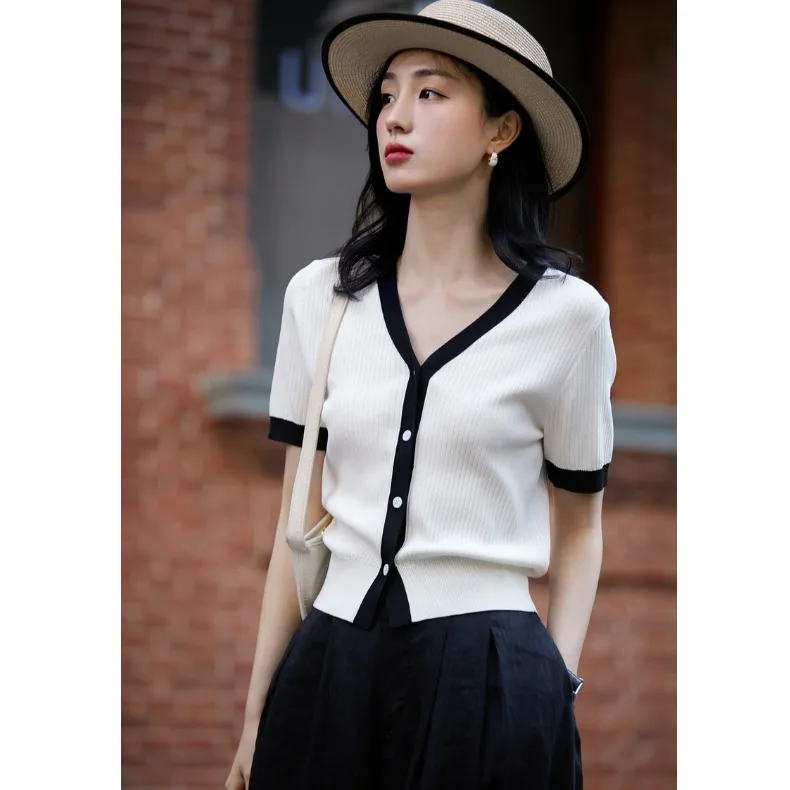 

Brand Outlet Color Blo V Ne Вязаный кардиган женский летний ретро ort Sve Faionable Commute Sle Slim Fit из полиэстера...