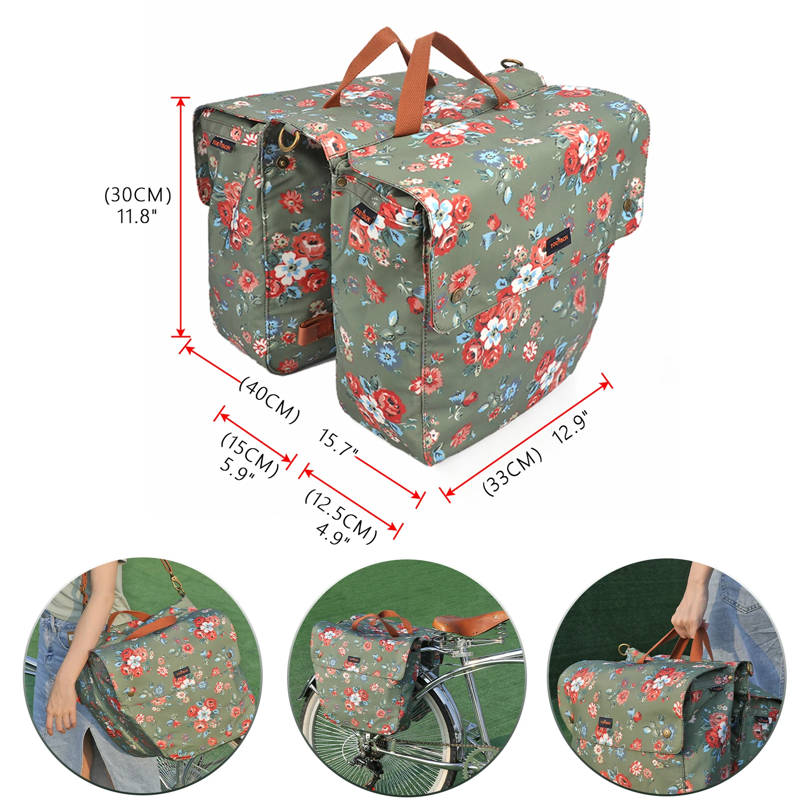 Tourbon Vintage Bicycle Twins Panniers Cycling Rear Rack Trunk Bike Luggage Storage Back Seat Bags 23L Waterproof Wax Canvas