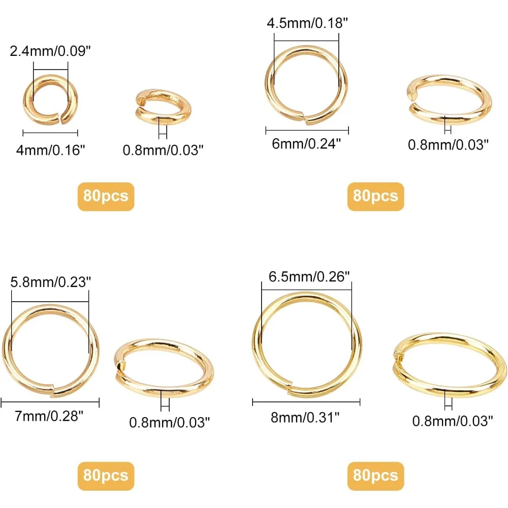 320 Pcs Open Jump Rings, 4 Sizes Real 24K Gold Plated Stainless Steel Jump Rings Bulk for DIY Jewelry Craft Earring Necklace