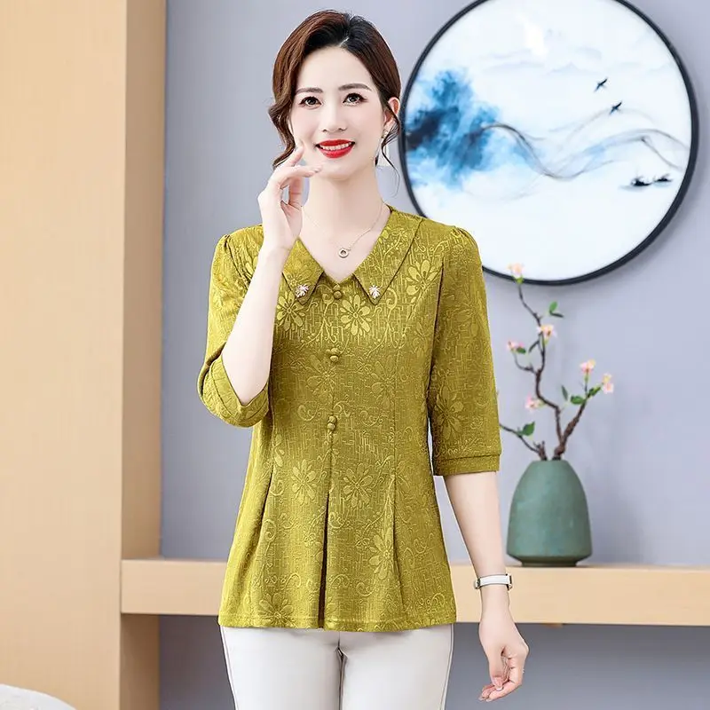 Nuevo estilo, ropa de verano para madre, Top de manga 3/4, camiseta elegante de moda para mediana edad y personas mayores