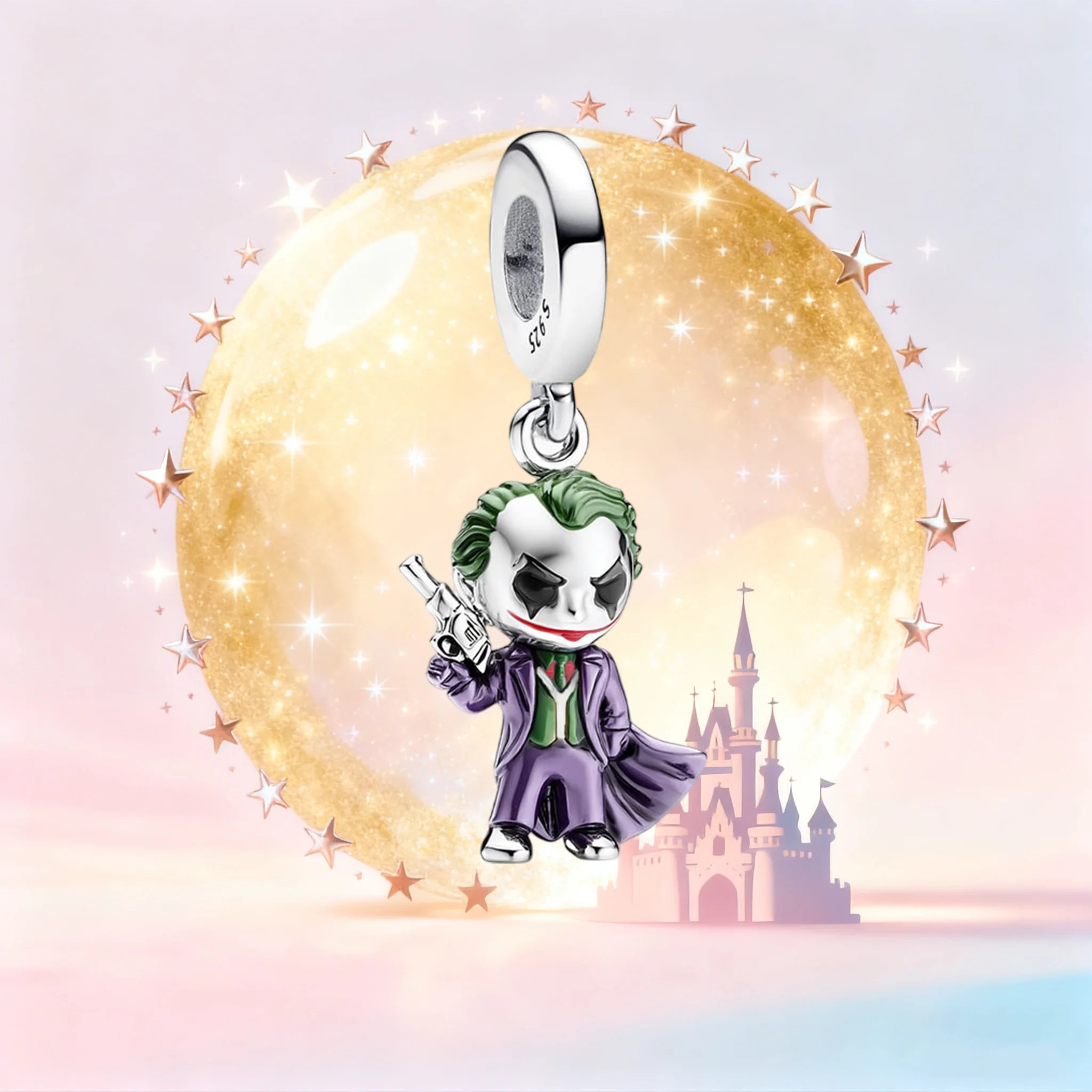 

S925 Silver Joker Dangle Charm, Comics Cartoon Villain Pendant for Bracelet, Jewelry Accessory for Fans Gift