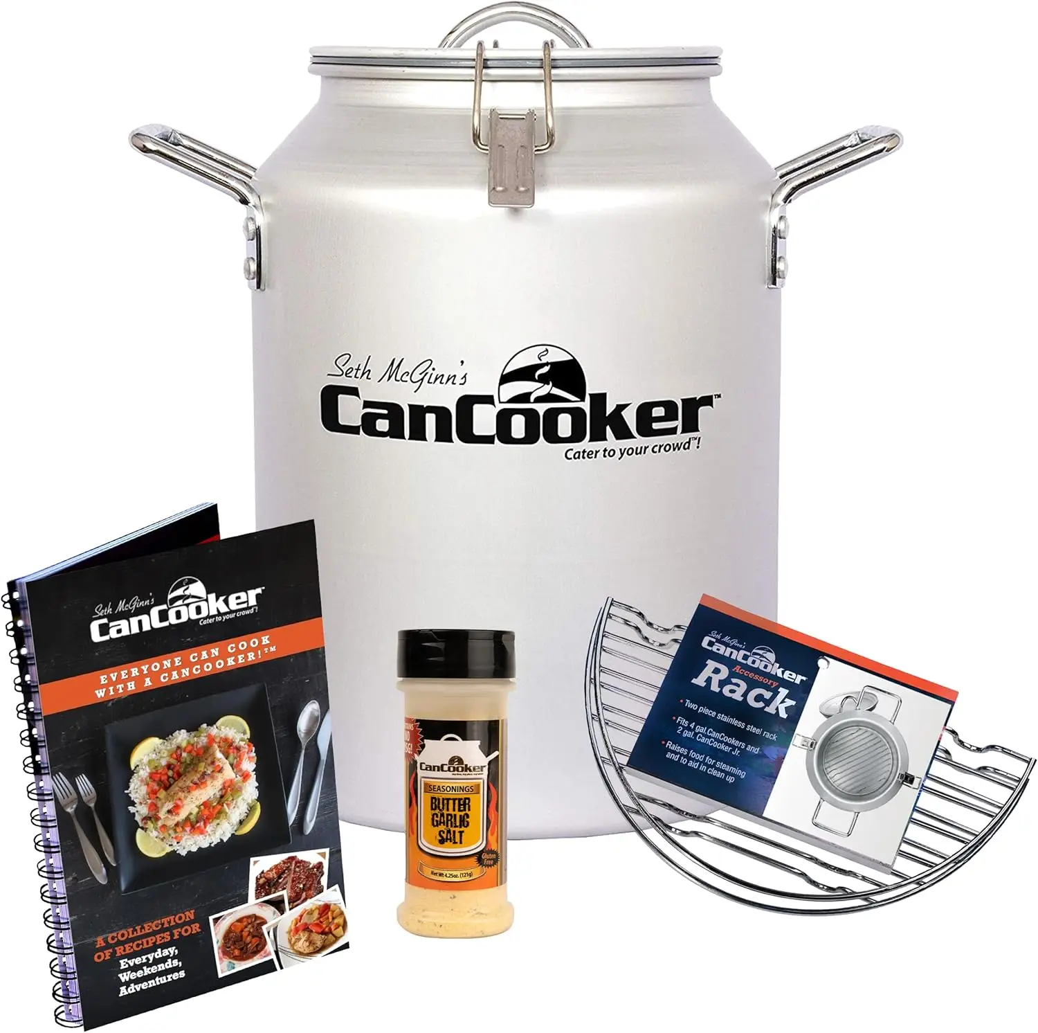 Camping Meals Cookware | 4 Gallon Steam Cooker, Cooking Rack, Butter Garlic Salt Seasoning, & Volume 1 Cookbook