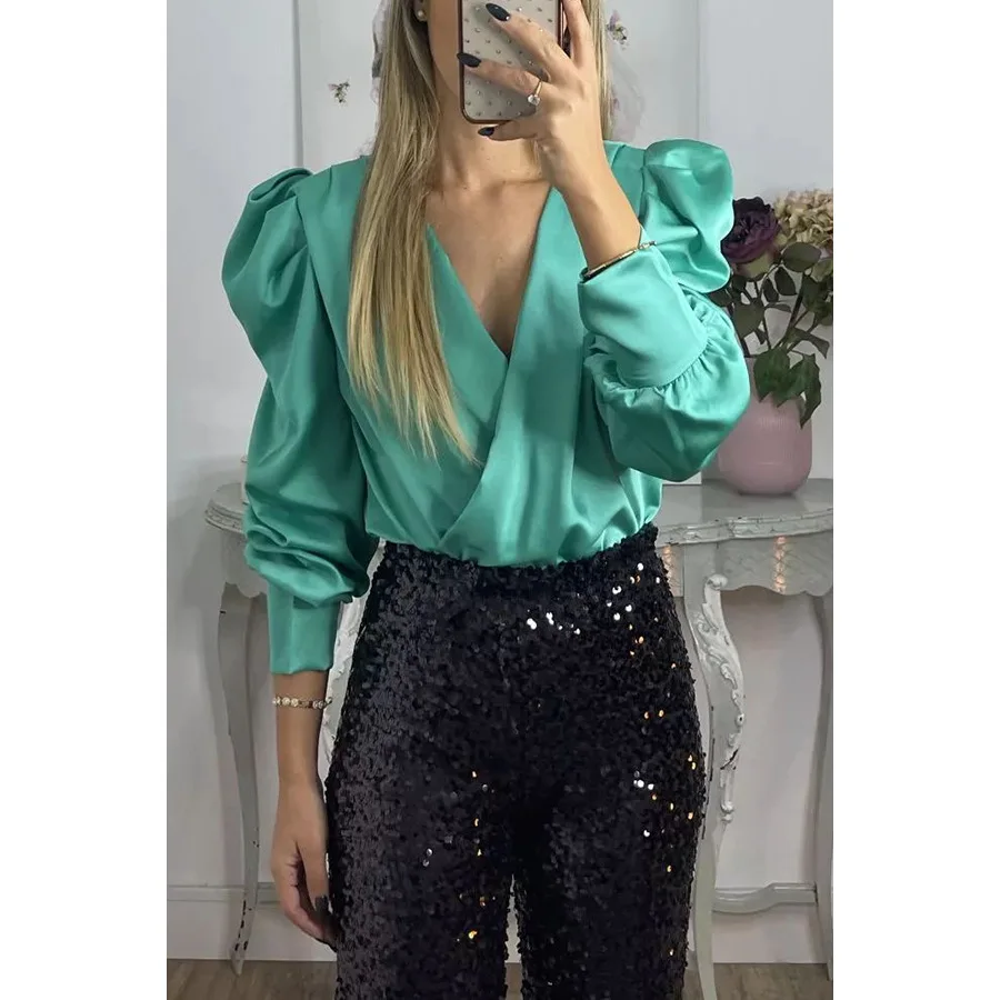 Camicia da donna in raso allentato a maniche lunghe primavera ed estate nuova moda casual con scollo a V multicolore