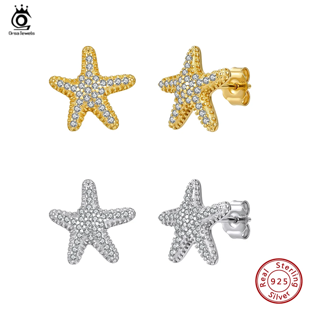 

ORSA JEWELS Изысканные серьги-гвоздики из стерлингового серебра 925 пробы с цирконами в форме морской звезды для женщин, милые серьги-звездочки, праздничные украшения APE154