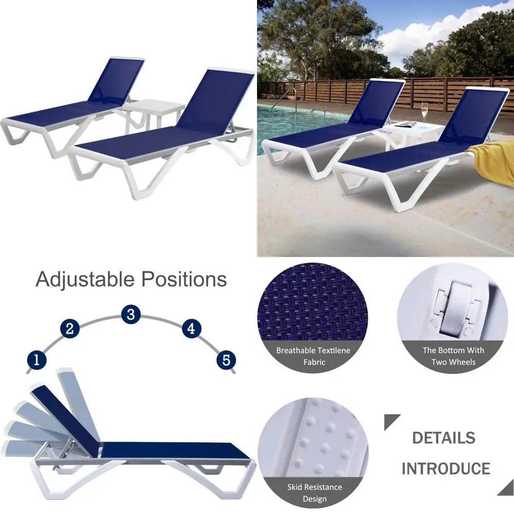 

5-Position Adjustable Textilene Outdoor Chaise Lounge Chair with Wheels for Poolside and Deck in Grey