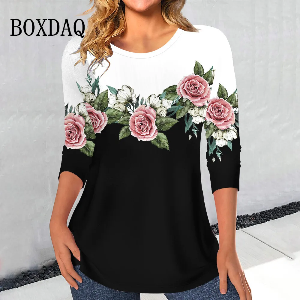 Women's Casual Rose Print T Shirt For Women Elegant Fashion Female Clothes Streetwear Vintage Long Sleeve Loose Tops Oversized