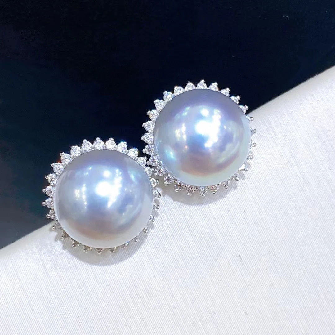 

18k Gold Inlaid Seawater Real Multi Hemp Earrings 10-9mm Pearl Bright Light Silver Blue Pearl Earrings