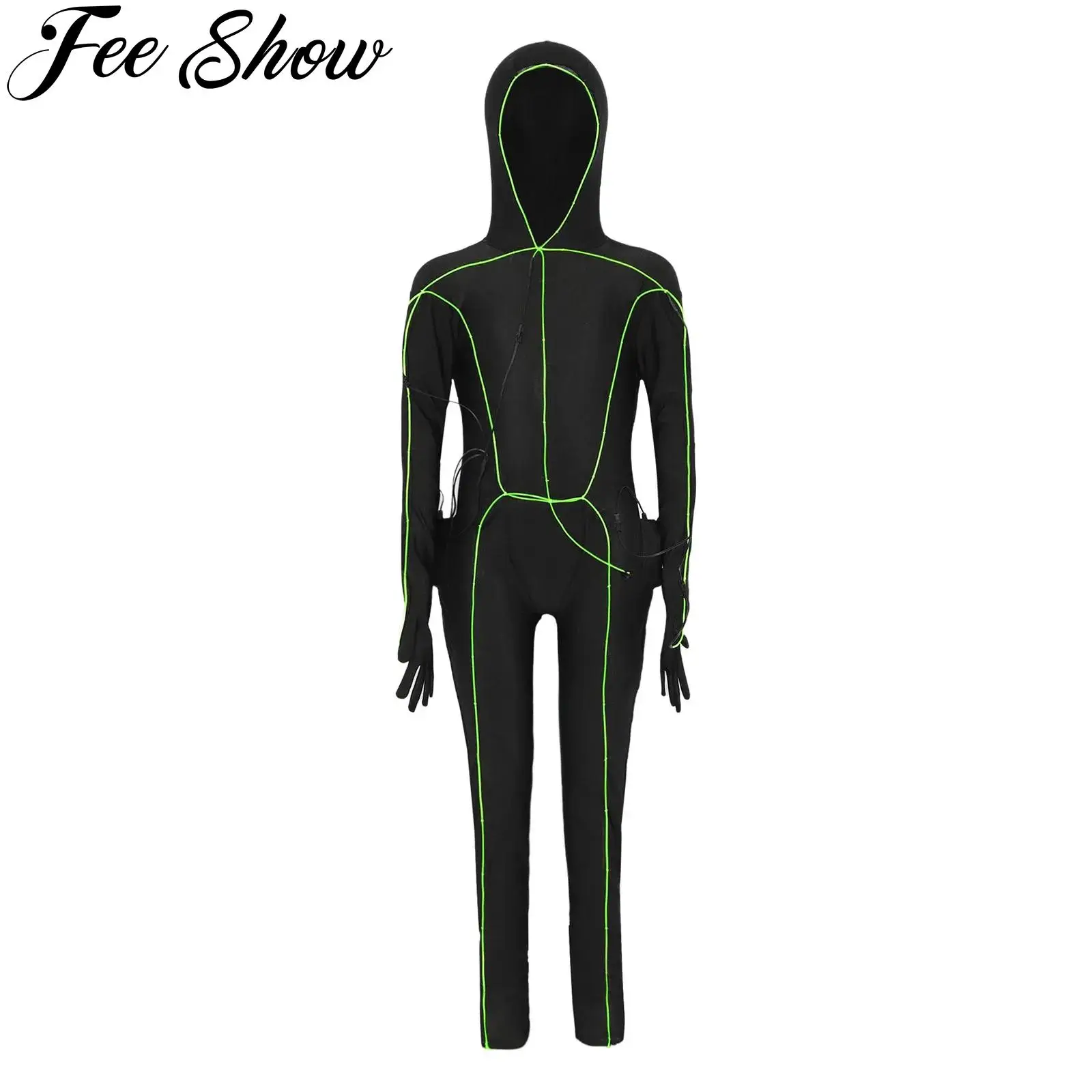 Children Light Up Stick Figure Costume Halloween Party Alien Shadow Demon Cosplay Fancy Dress Up Long Sleeve Hooded Jumpsuit