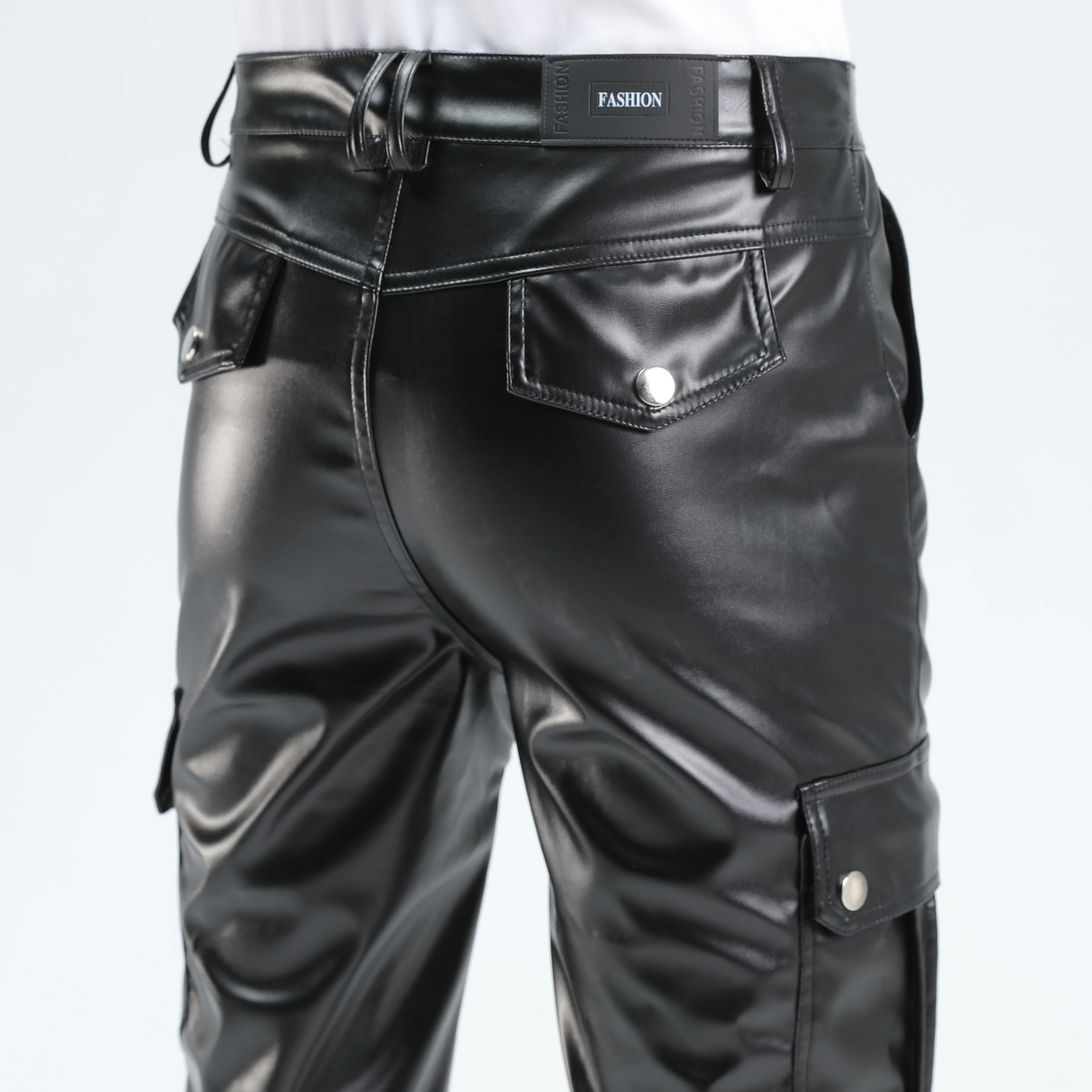 Men Leather Pants Superior Quality Elastic Male Fashion Motorcycle Faux Leather Trousers Rock Streetwear Pockets