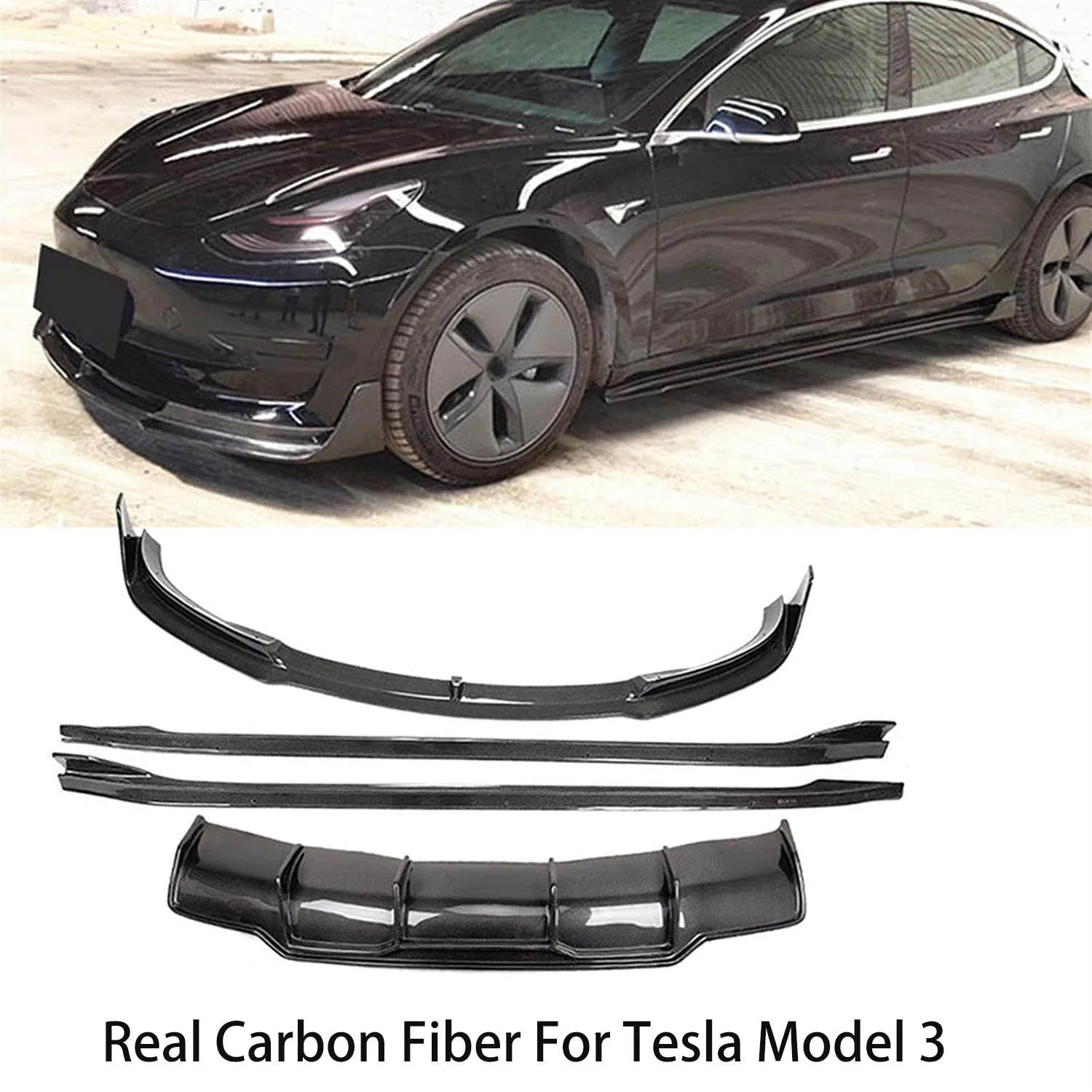 

For Tesla Model 3 2019 2020 2021 2022 Real Carbon Fiber Front Rear Lip Diffuser Bumper Spoiler Side Skirt Kit Auto Accessories