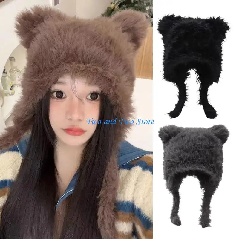 

HX6F Plush Bear Beanie Cap Windproof Winter Hat Female Ear Flap Hat Teens Girl Cap