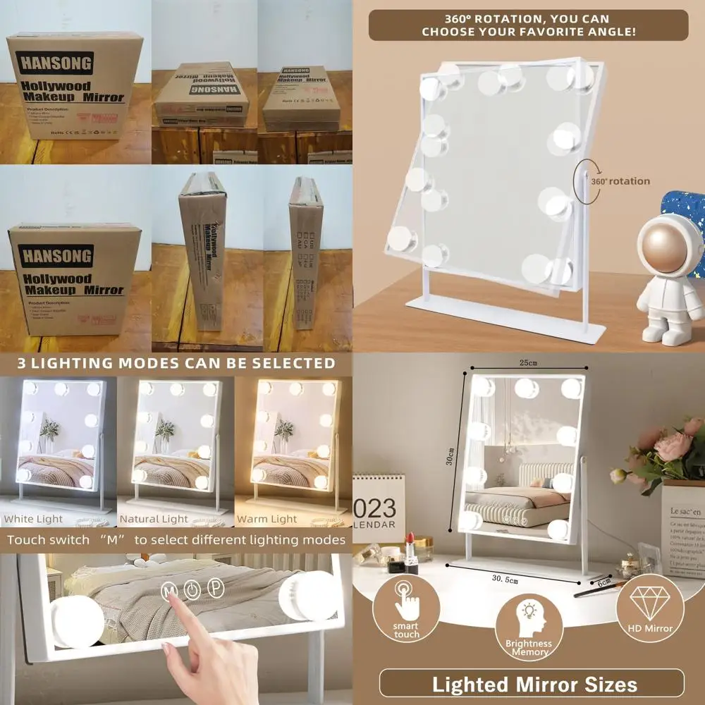 مرآة زينة مضيئة مع 9 مصابيح LED، ودوران 360 درجة، ومرآة مكياج مكبرة على سطح الطاولة 10 مرات #1