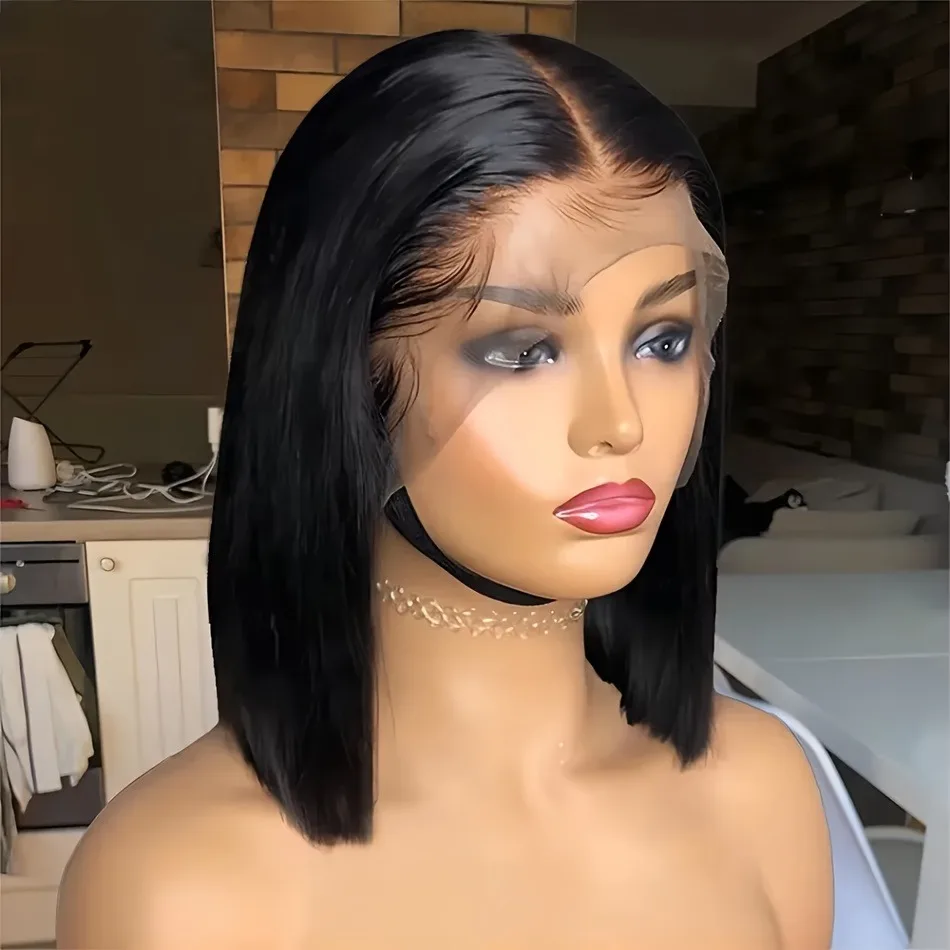 

13*6 200% Плотность 13x4/5*5 HD Прозрачные парики фронта шнурка Человеческие волосы Предварительно выщипанные Короткие боб Бесклеевые прямые парики Человеческие волосы f