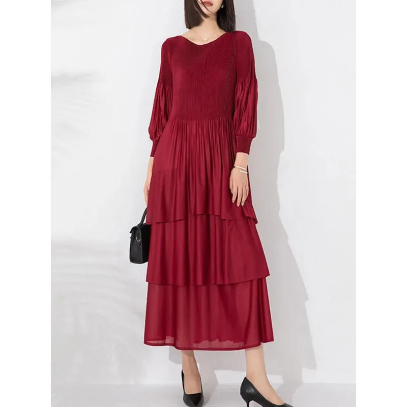 

GGHK Miyake Pleated Solid Color Splicing Loose Plus Size Design Retro Dress Fashionable Elegant Evening Dress Fall New Clothing