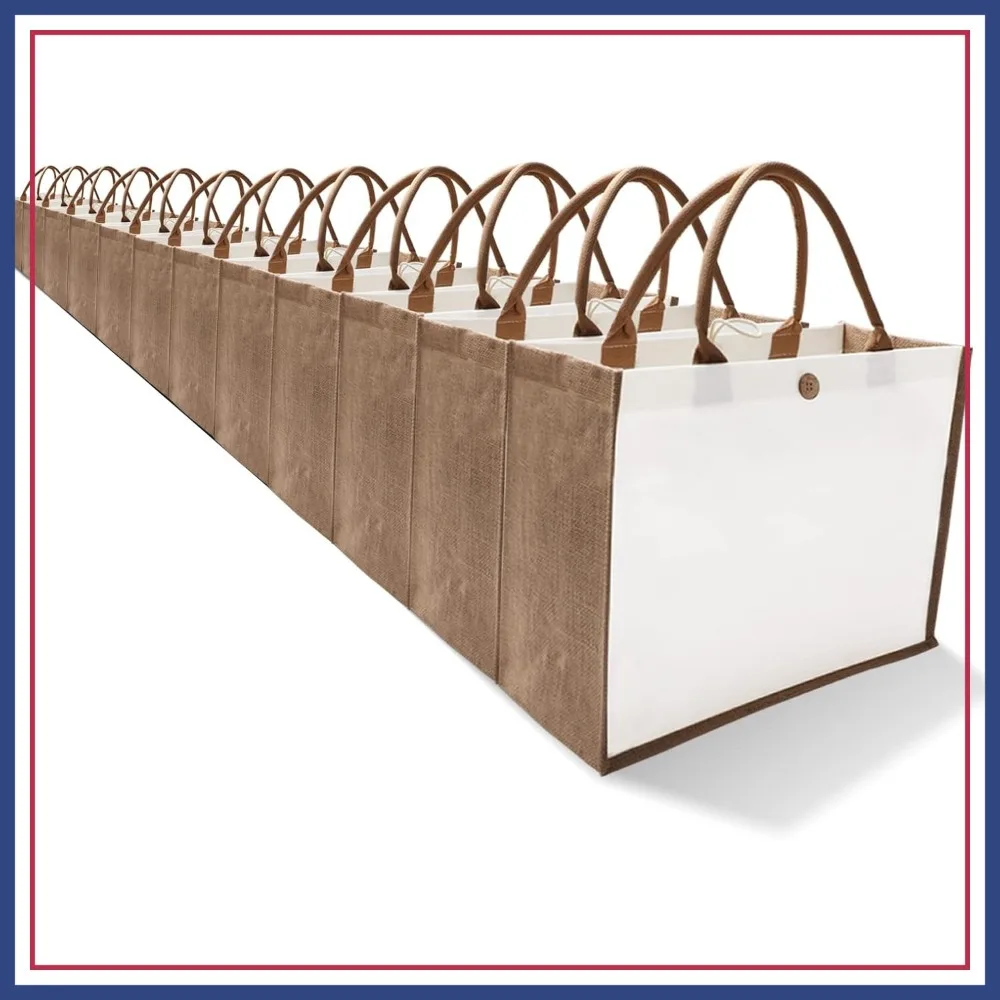 

10 Large Burlap Tote Bags with Button Handles - Grocery, Beach, Wedding, Shopping, Travel, Arts and Crafts DIY, 16.5"x7"x13"