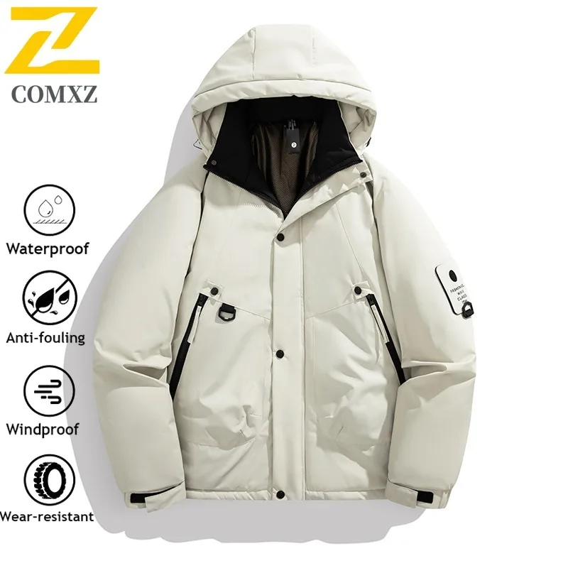 

COMXZ Men Graphene Heated Jacket Smart Control Waterproof Windproof Hooded Parka Winter Thermal Loose Fit Outdoor Tech Wear Coat