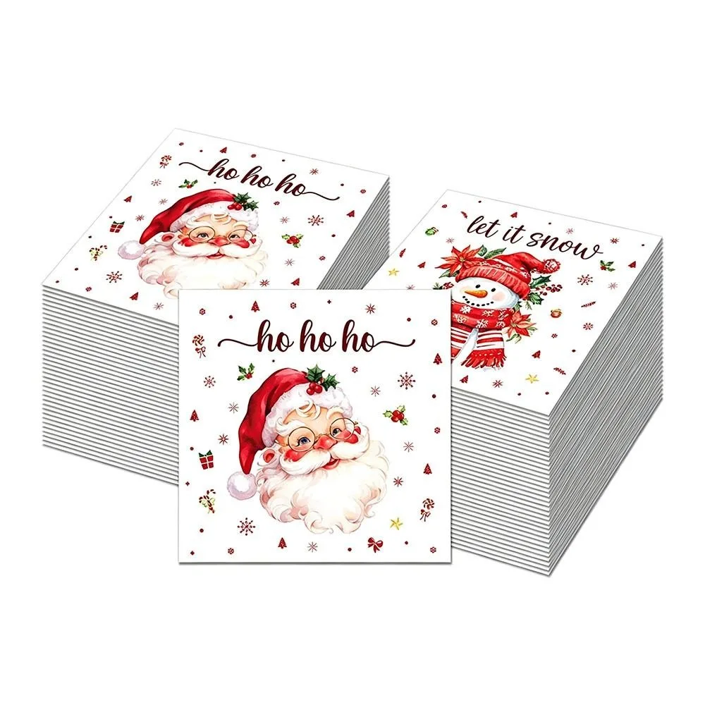 20Pcs Square Shape Christmas Paper Napkins Paper Christmas Tree Decorative Serviettes Santa Snowman Printed Paper Napkins
