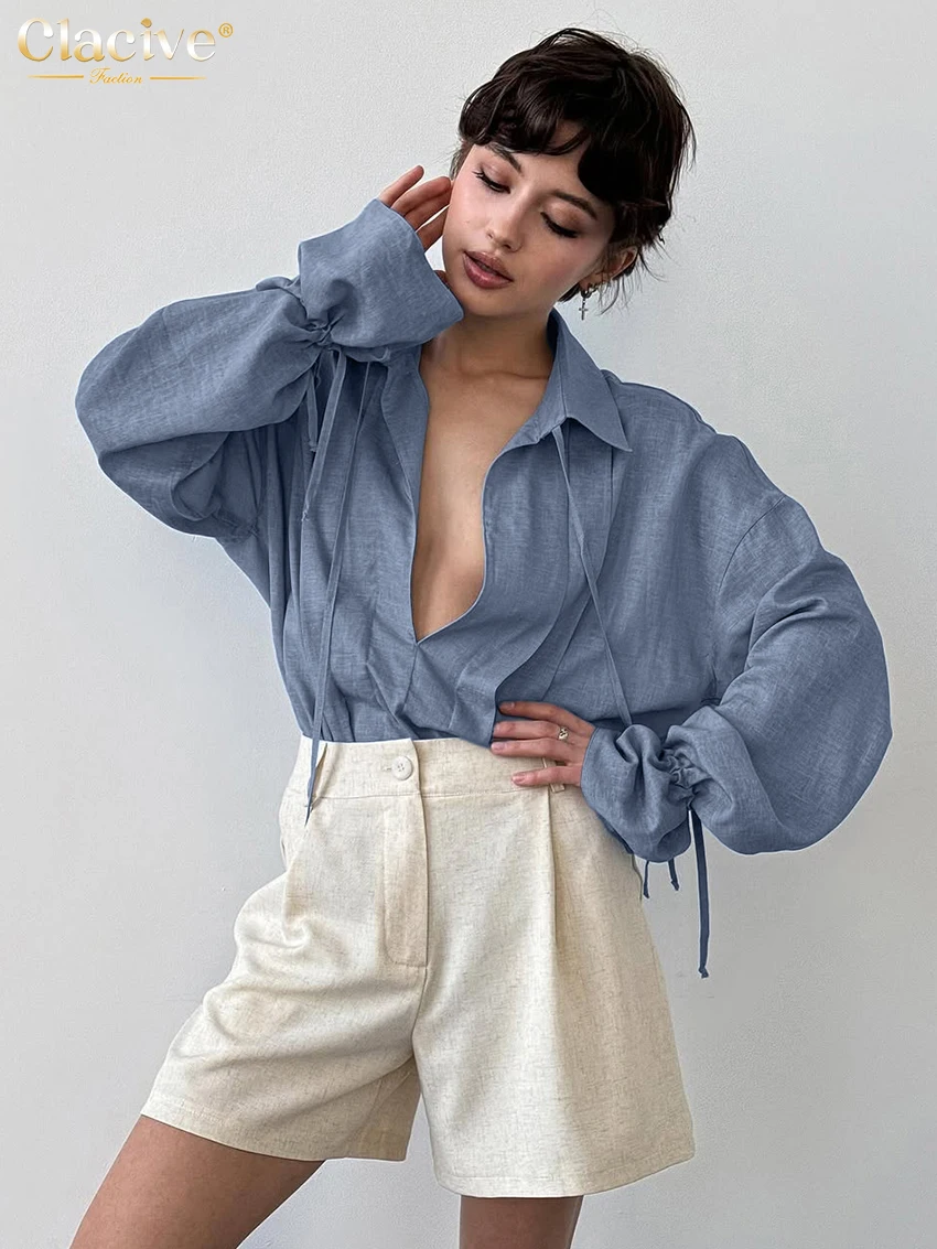 Clacive Fashion Loose Blue Women's Shirt 2025 Sexy Lapel Long Sleeve Shirts Lady Elegant Classic Lace-Up Tops Female Clothing