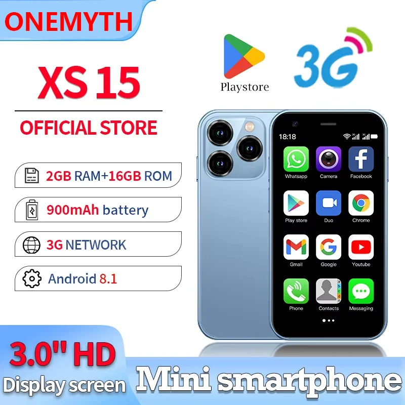 ONEMYTH XS15 Blue 3G Mini Smartphone 3.0-inch HD Screen 2G RAM 16G ROM Dual SIM Standby More Applications Small Phone