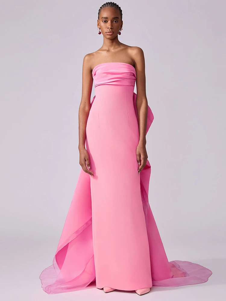 Abiti lunghi rosa senza spalline con fiocco oversize – Abito senza schienale con strascico lungo Abito da ballo per celebrazioni di compleanno, laurea scolastica