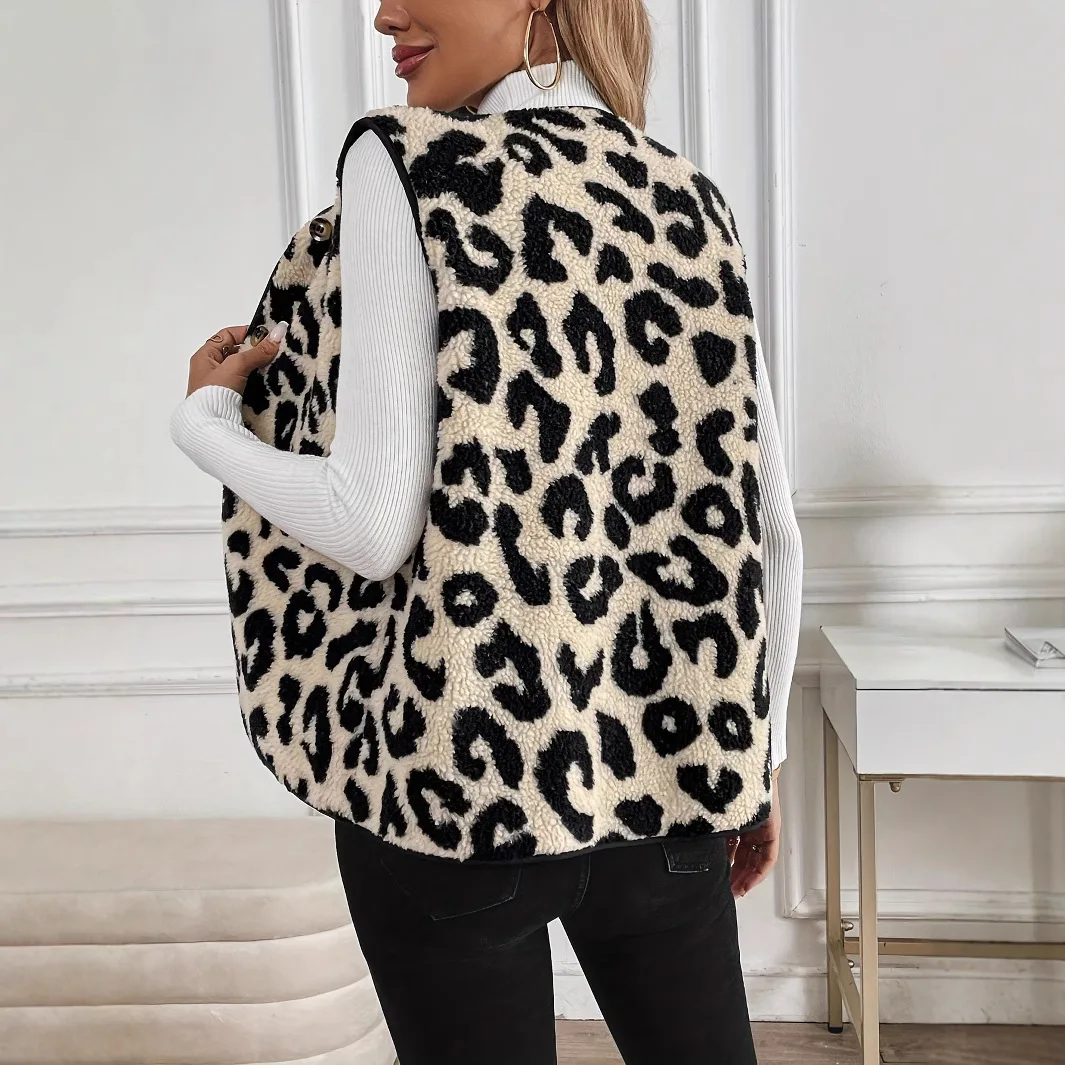 Autumn And Winter Leopard Print Front Button Plush Fashion Vest