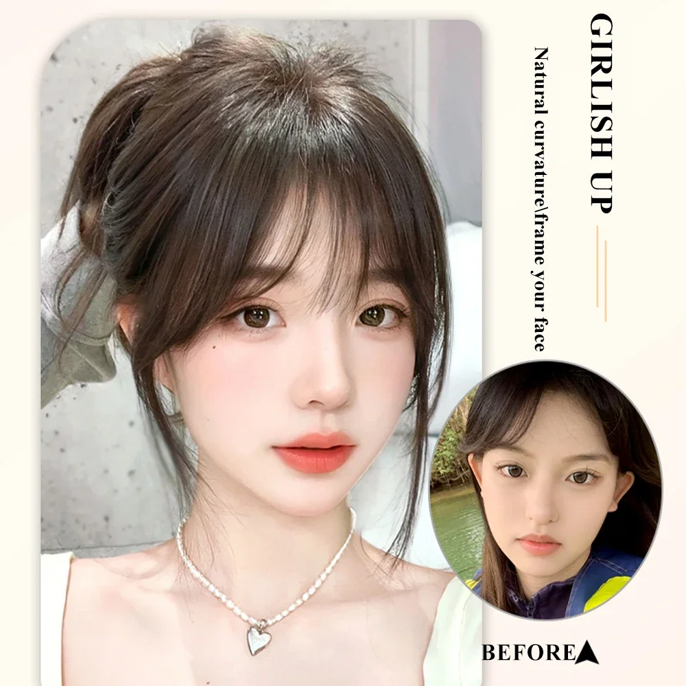 100% Human Hair Wispy Bangs Clip in Bangs Natural Air Bangs Fringe with Temples Hairpieces for Women Curved Bang for Daily wear