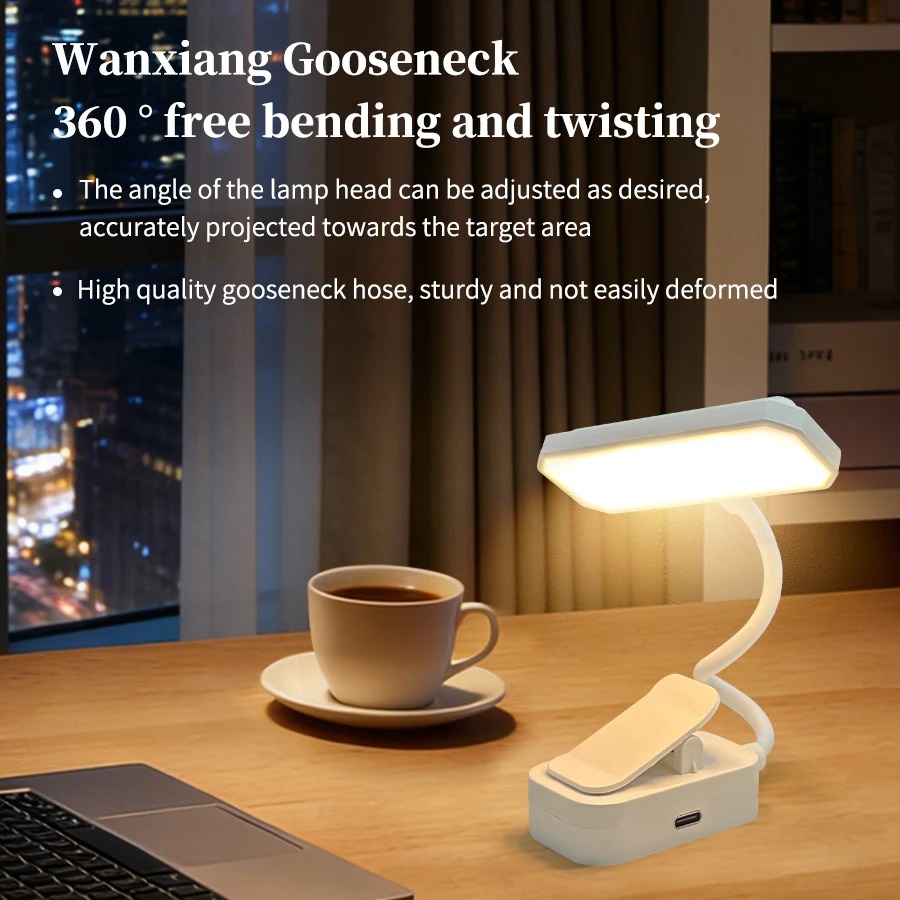 Type-C Rechargeable LED Desk Lamp Clip On Reading Light 360° Gooseneck Touch Dimmable Eye Protection Bedside Table Study Lamp