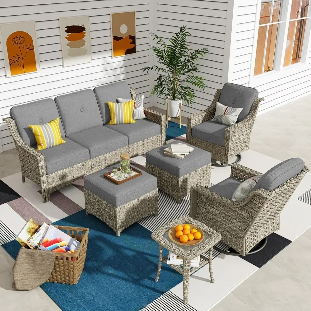 

6 Piece Outdoor Patio Furniture with Cozy Comfortable Swivel Chair,Rattan Wicker Coversation Couch Set with 3 Seater Sofa.