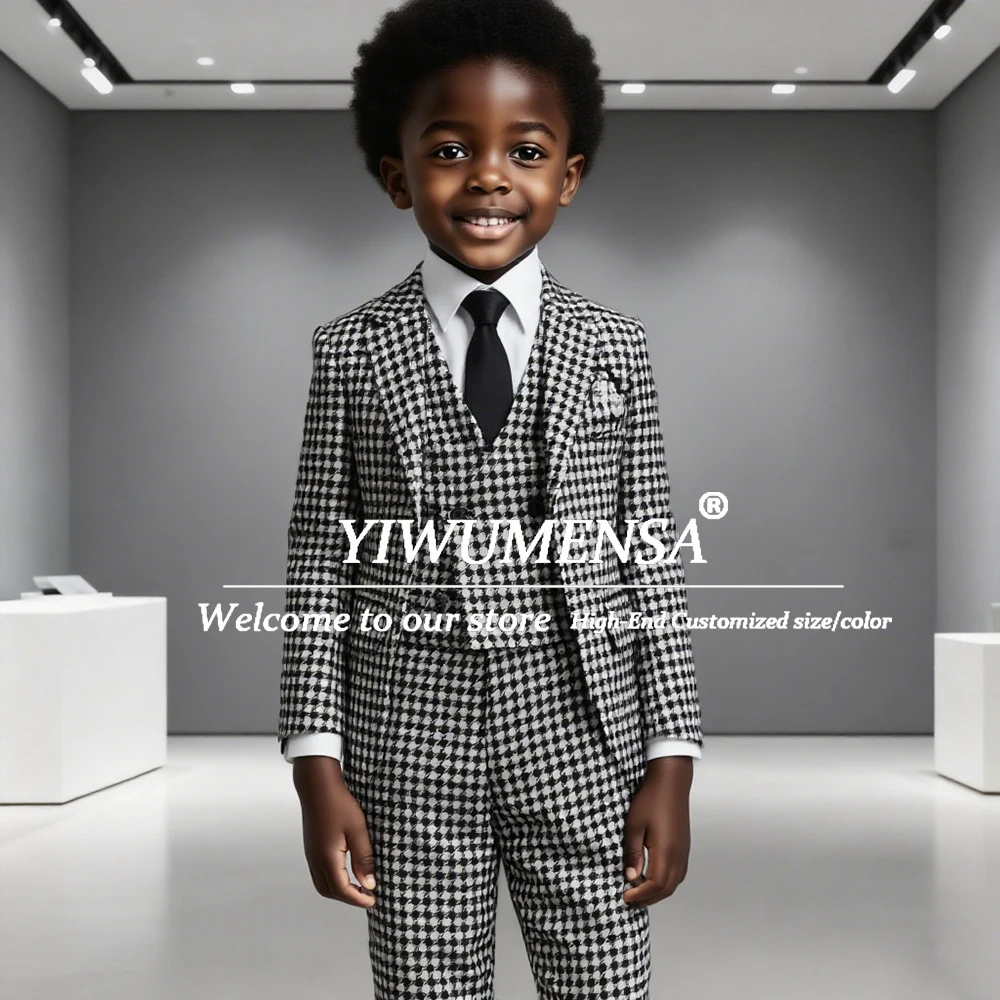 結婚式用のエレガントな男の子の服装、千鳥格子柄のシングルブレスト子供用タキシード、結婚式用のカスタマイズされた3ピースキッズパーティーブレザー