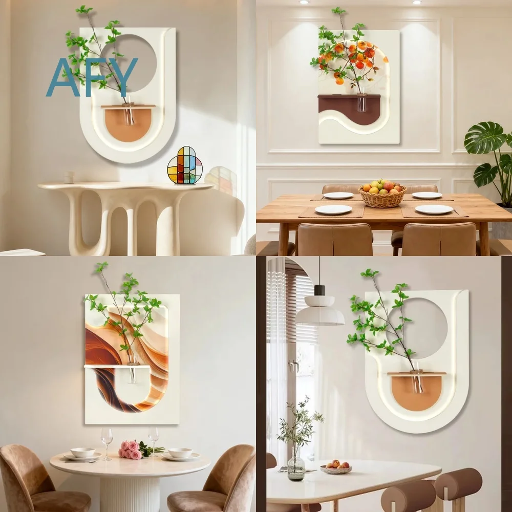Arte de Parede em Arenito Estilo Creme para Decoração de Sala de Estar, Expositor de Plantas Hidropônicas, Ornamento Suspenso com Iluminação, Casa Mod