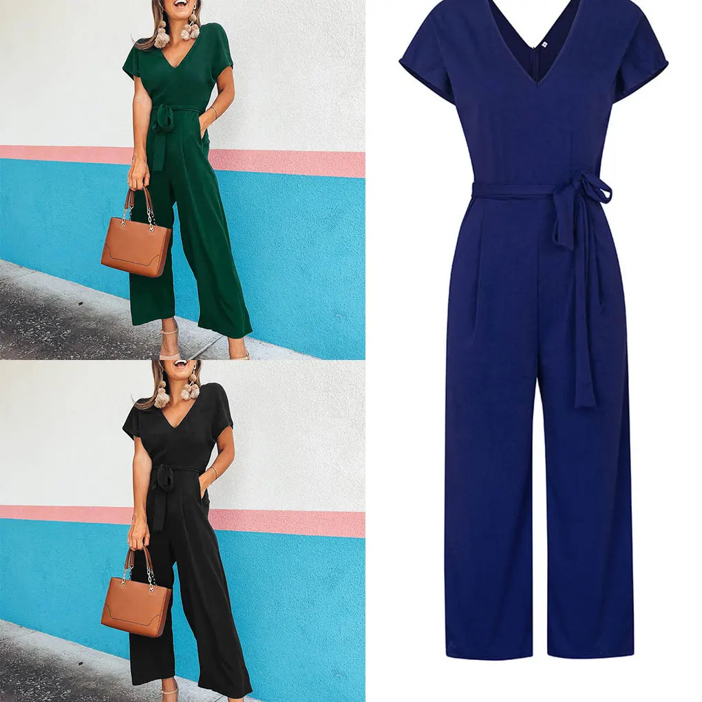 여성 브이넥 점프수트 반팔 솔리드 컬러 여름 플레이수트 롬퍼