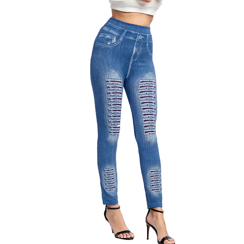 PD395 New European and American Fashion Striped Printed Denim Inspired Leggings with Elastic Hip Lifting Cropped Pants