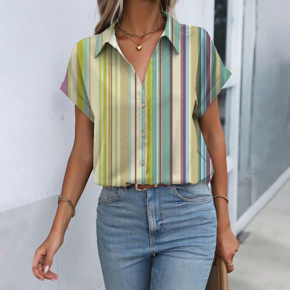 2024 Damesoverhemden En Blouses, Elegante 3dkleurige Blouses Met Streepjesprint Dameskleding, Zomer Casual Blouse-Tops Met Revers