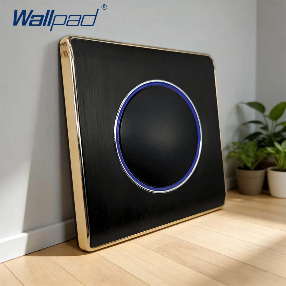 Wallpad schwarzes PC-Panel mit goldenem Rand, großer kreisförmiger LED-Anzeige, Wandlichtschalter, EU-UK-Steckdose, elektrische Steckdose, AC110 220 V