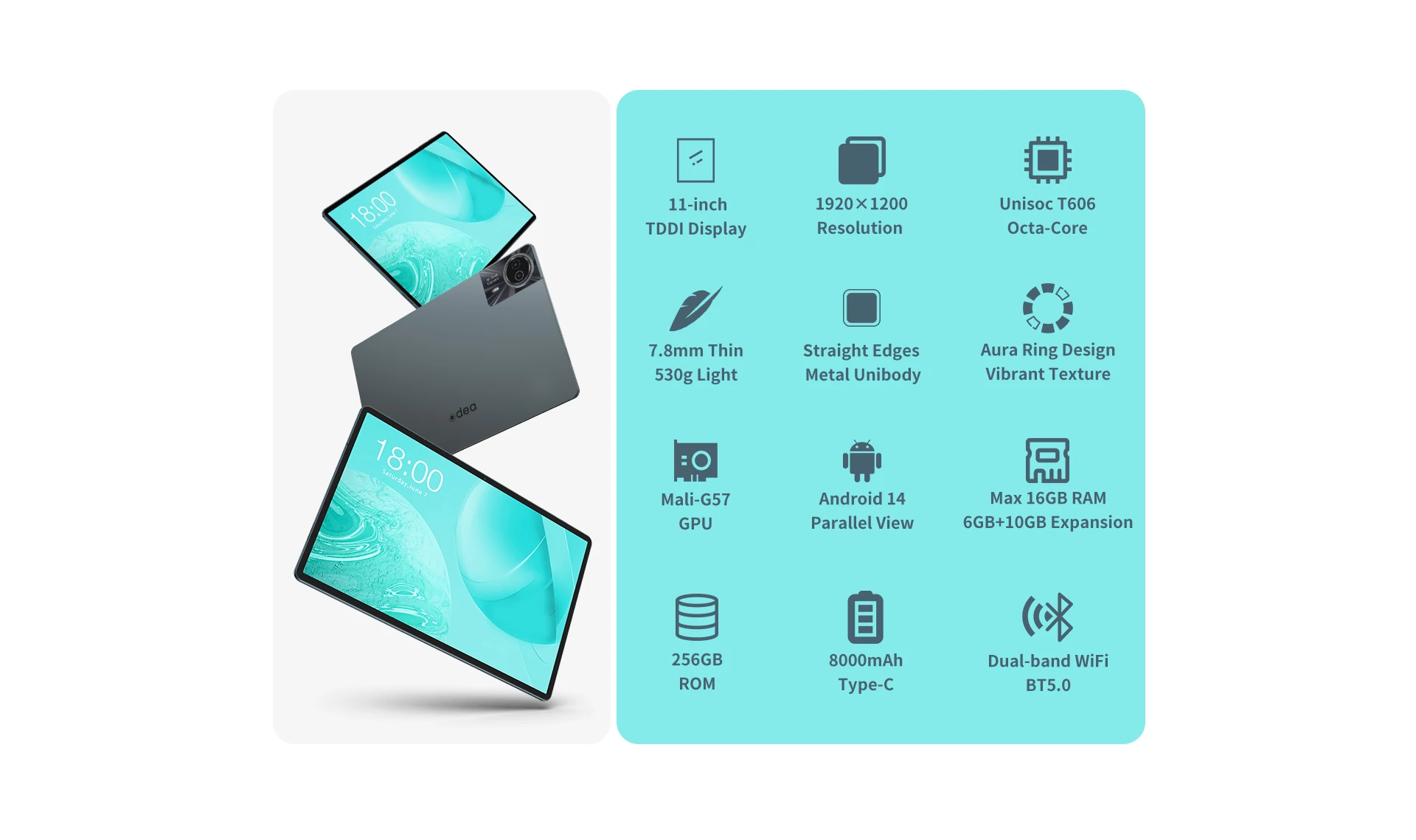 Teclast Odea S11, 11-Zoll-Tablet, max. 16 GB RAM, 256 GB ROM, 1920x1200 TDDI, Android 14, Octa-Core, T606, GPS, 4G LTE, 13MP+8MP – Detail 3