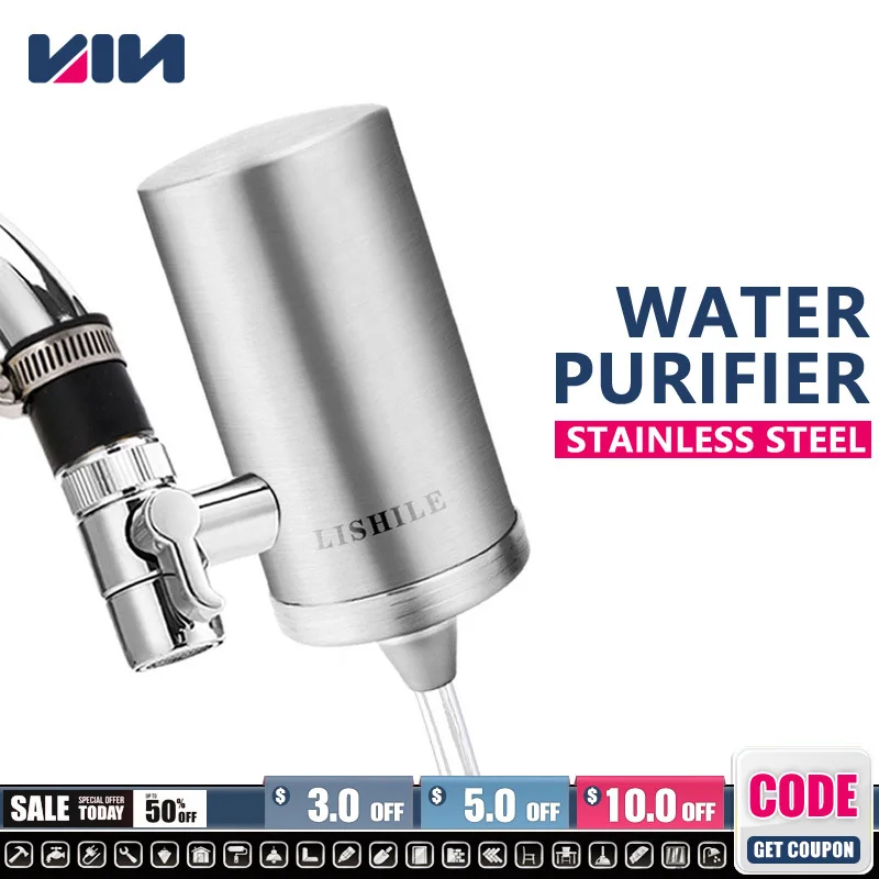 Stainless Steel Purification Water Purifier Filter Tap Kitchen Faucet Attach Filter Cartridges Rust Bacteria Removal Percolator