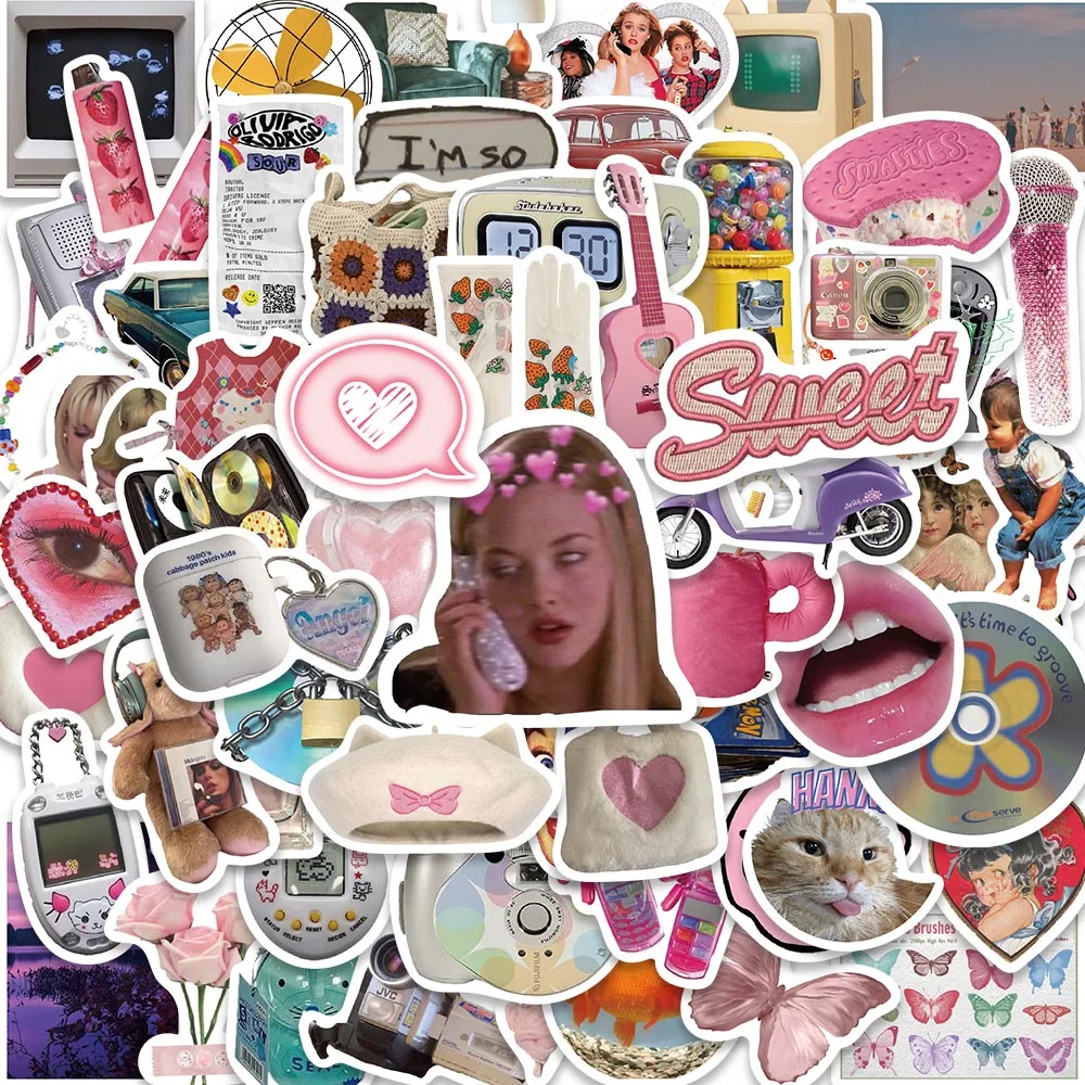 65pcs 2000s Cute Ins Pink Mean Girls Coquette Stickers Cat Decals Decoration Notebook Phone Suitcase Fridge Guitar Sticker Toys