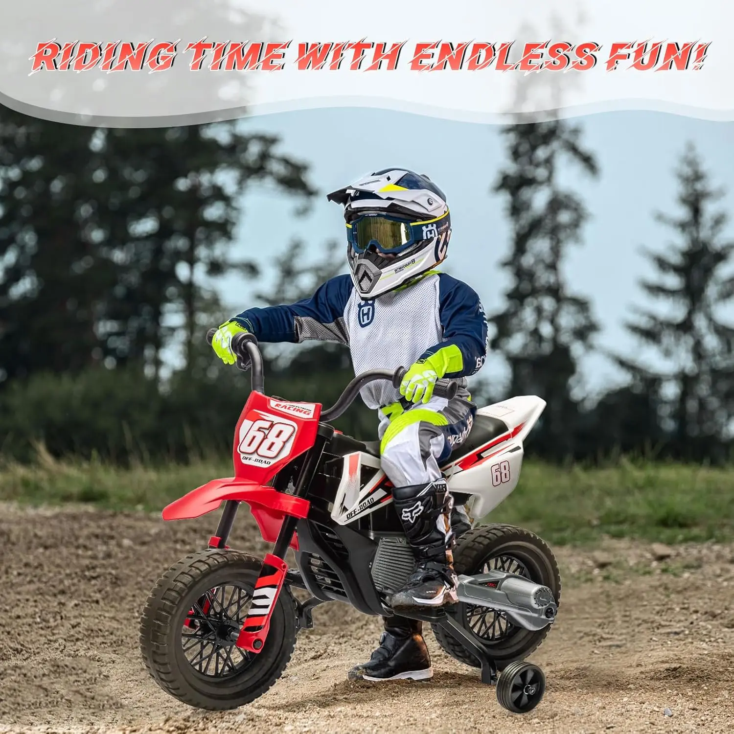 

12V Electric Dirt Bike, Kids Electric Motorcycle with 25W*2 Motor, Twist Grip Throttle, Training Wheels, Spring Suspension, Ride On Toy Car for Kids Over 37 Months